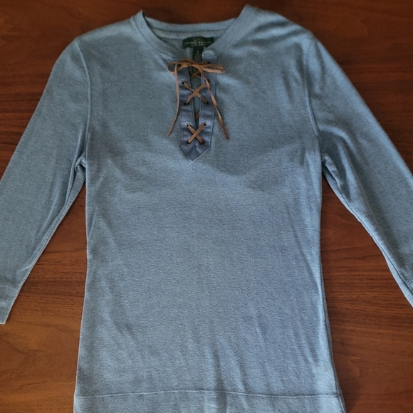 Lauren Ralph Lauren Light Blue Lace-Up Henley Top Small Long Sleeve Cotton - Picture 6 of 8